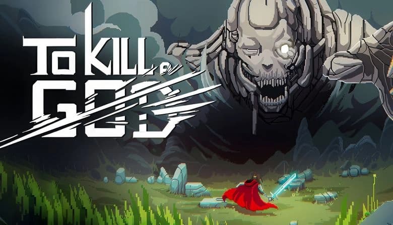 A warrior in a red cape with a glowing sword, facing a colossal stone deity with a skeletal face in a dark, grassy landscape.