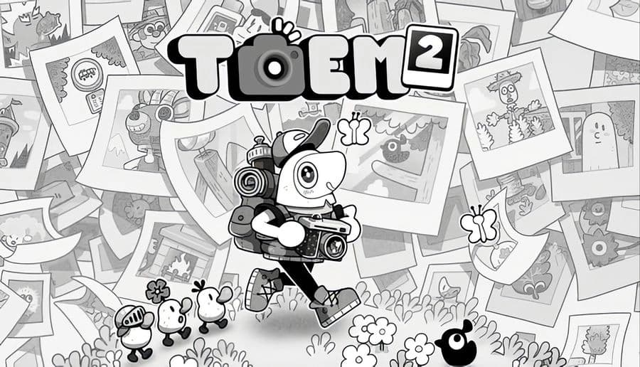 TOEM 2: one-eyed cartoon photographer with camera and backpack walking across pinned photos on a gray collage backdrop.