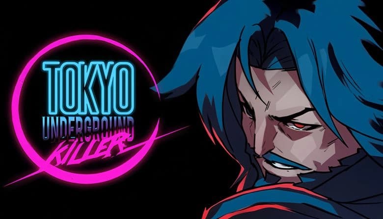 Tokyo Underground Killer: Blue-haired man with red eyes and blue coat in neon-lit scene, intense expression, dark backdrop.