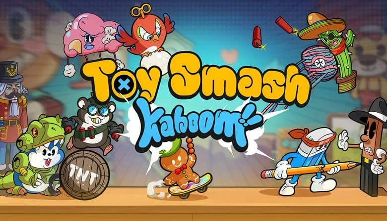 Toy Smash Kaboom!: Cartoon brawl with toy figures like gingerbread man on skateboard, pencil with eraser, cactus in sombrero.
