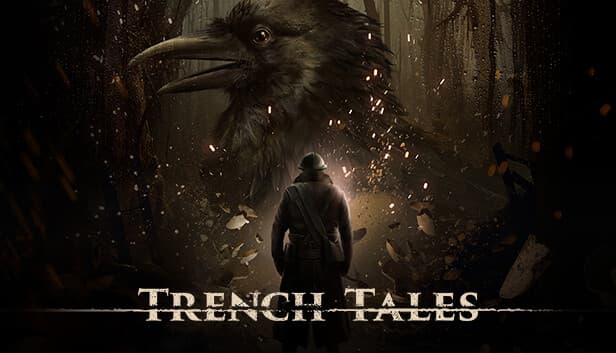 Trench Tales: Soldier in trench coat stands before giant raven head in dark, wooded battlefield with falling debris.