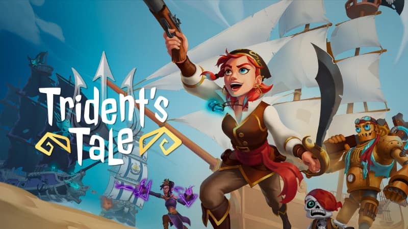 Young female pirate with red hair charges forward, wielding a sword and pistol. A robot, skeleton, mage, and ships behind.