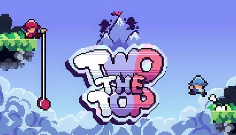 A climber in red dangles a yoyo off a cliff while another in blue leaps across grassy platforms amidst thick clouds.