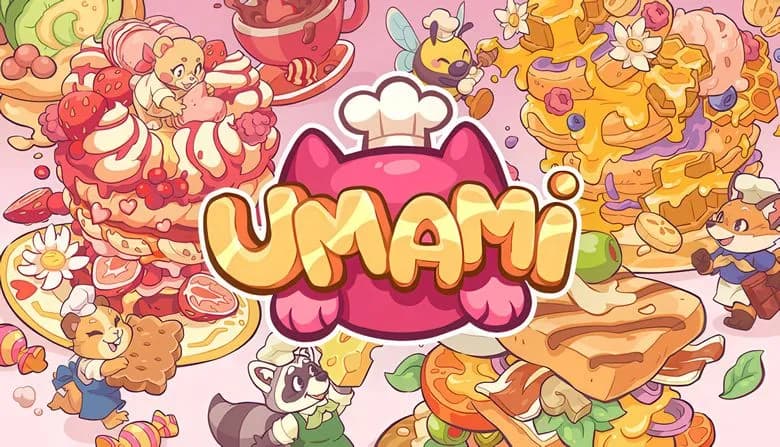 UMAMI: Cartoon animals stack colorful food towers in a whimsical kitchen setting with cakes, pancakes, and sandwiches.