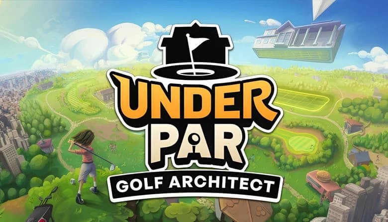 A young girl swings a golf club on a scenic course with rolling green hills and trees, as a floating clubhouse hovers nearby.