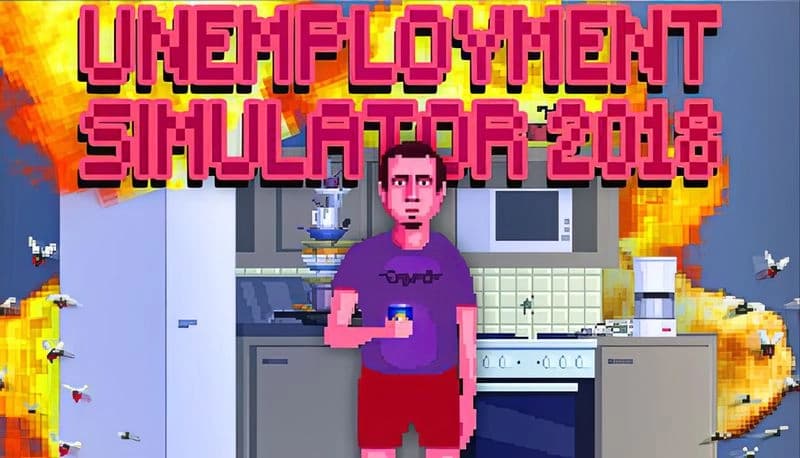 Unemployment Simulator 2018: Young man holding soda in cluttered kitchen, pixel art style with fiery explosions behind.