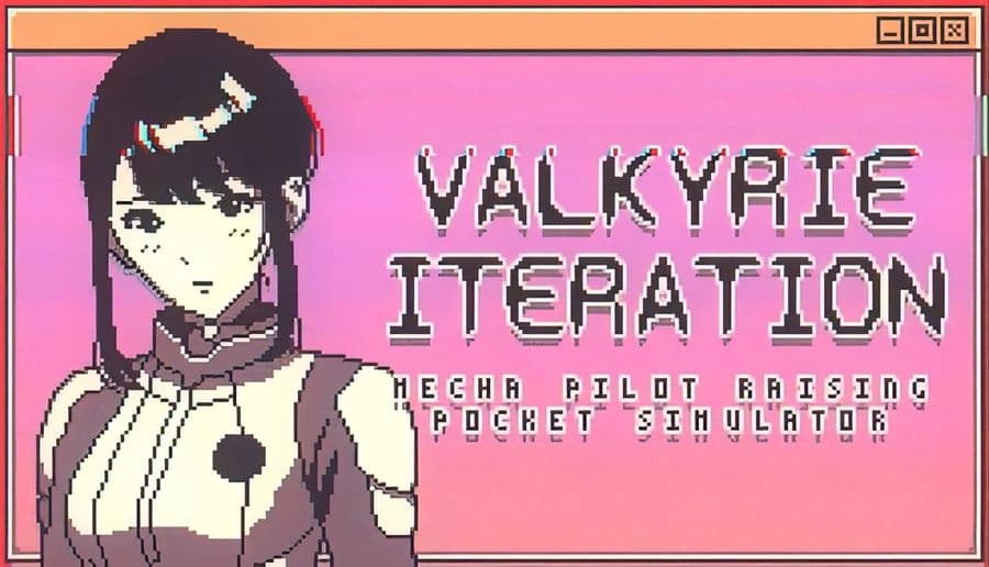 Valkyrie Iteration: anime young woman salutes beside pixel game title on a pink interface panel with icons.