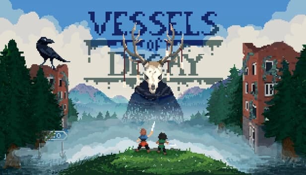 Young girl and boy with a sword on a grassy hill, shadowed by a towering antlered skull giant amid trees, buildings, and fog.