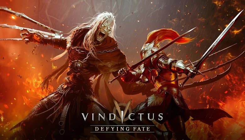 A male knight in shining armor wields dual swords, battling an undead skeletal giant with long metal claws amid fiery chaos.