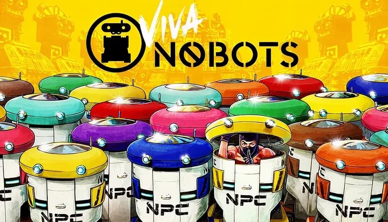 Row of colorful robot-like containers each labeled "NPC" with a person peeking from one, against a bright yellow background.