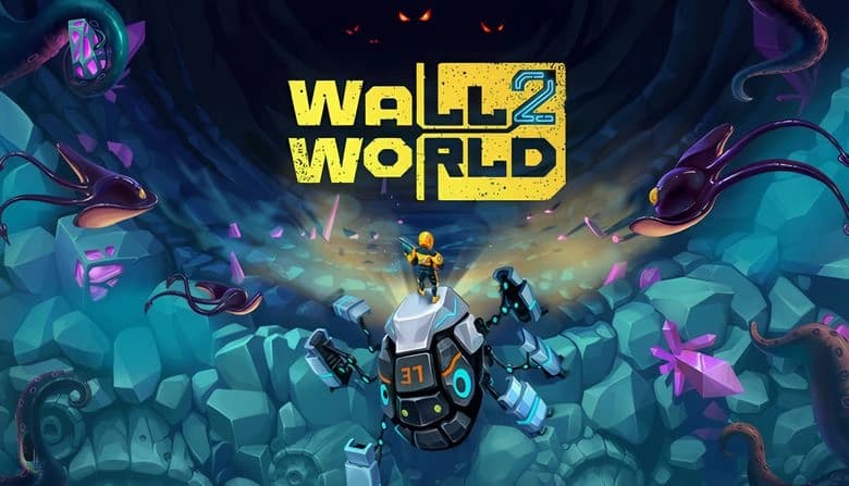 A young man in exosuit holding a rifle stands on a mechanical spider amidst glowing crystals and alien stingrays in a cave.