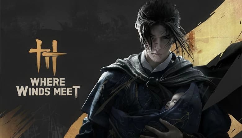 Where Winds Meet: Young sword master in dark cloak cradles baby against abstract dark backdrop with gold brushstrokes.