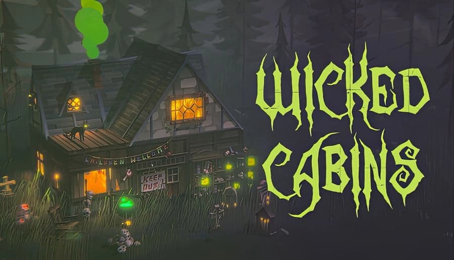 Wicked Cabins: crooked cabin with glowing windows and green lanterns in a rainy forest clearing under dark clouds.