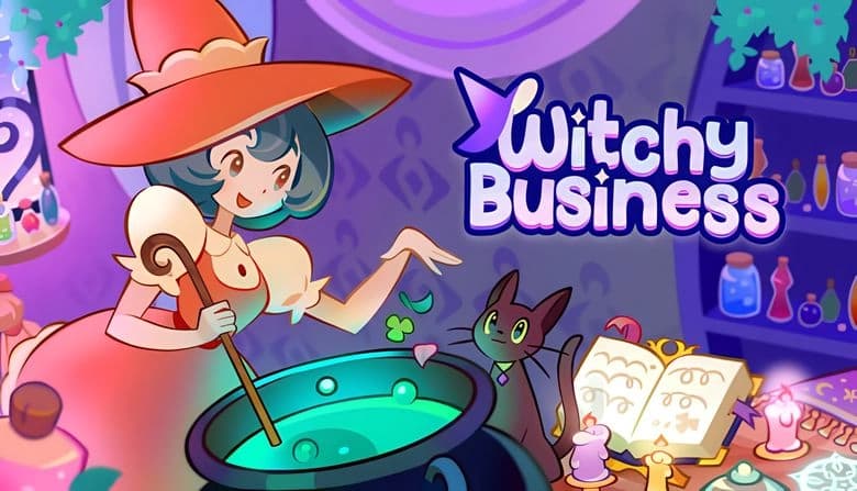 Witchy Business: Young witch stirs potion in cauldron with black cat in colorful shop filled with potions and magical items.