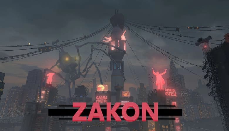 Dystopian cyberpunk cityscape under a cloudy sky, towering structures with neon lights and a giant spider-like robot.