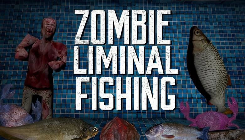Zombie Liminal Fishing: Zombie stands in tiled room with fish, crabs, and bait bags scattered around the floor.